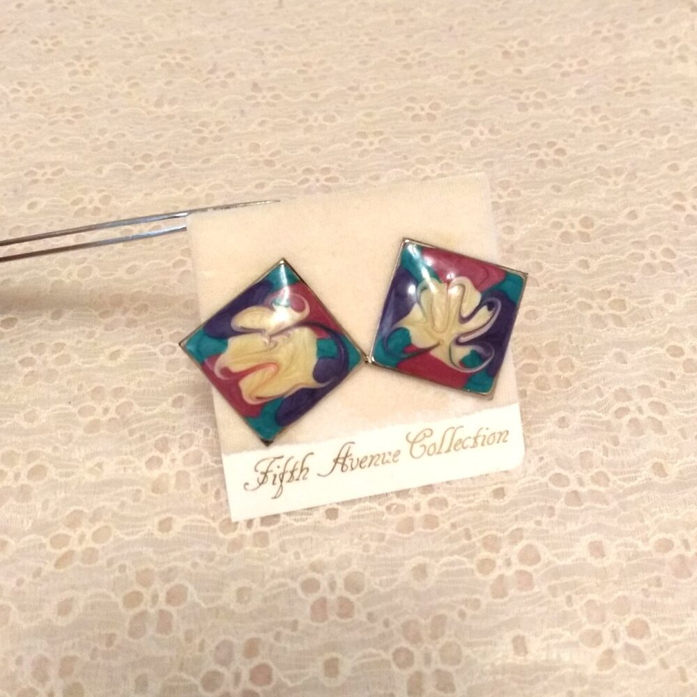 Vintage Multi Color Enamel Art Deco Silver Tone Large Square Earrings